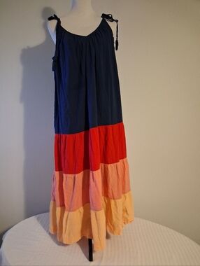 Old Navy Navy Colorblock Tiered Maxi Dress with Red, Blue, Peach & Yellow Size L